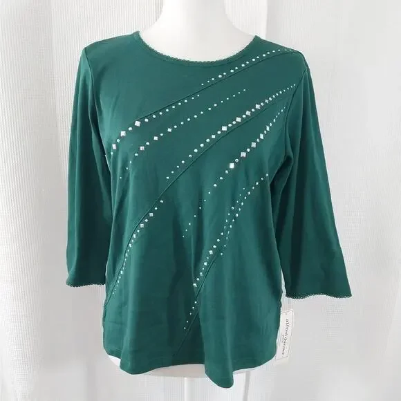 NWT@$54! ALFRED DUNNER! EMERALD GREEN 3/4 SLEEVED, SILVER STUDDED TOP SZ PS - Picture 2 of 9
